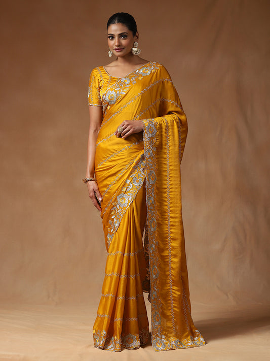 Mustard Yellow Chiffon With Silver Gota Patti Work Saree