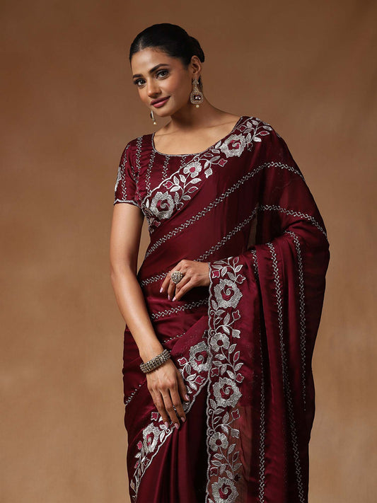 Floral Embroidered Beads and Stones Satin Saree