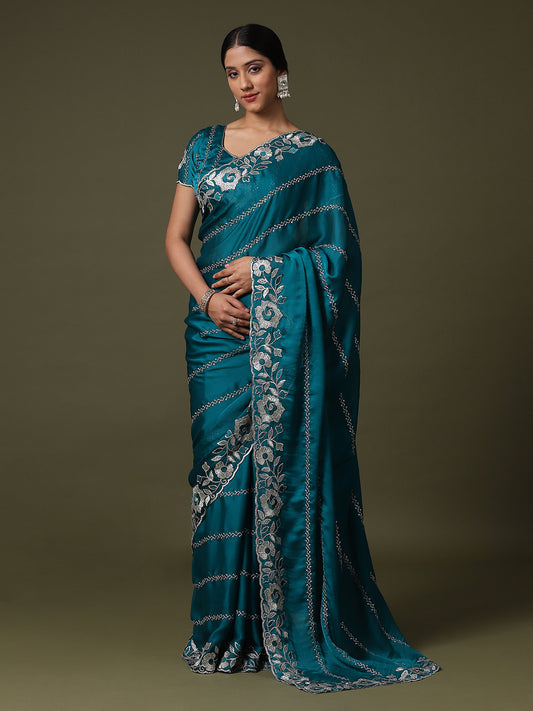 Teal green Georgette Embroidered Saree