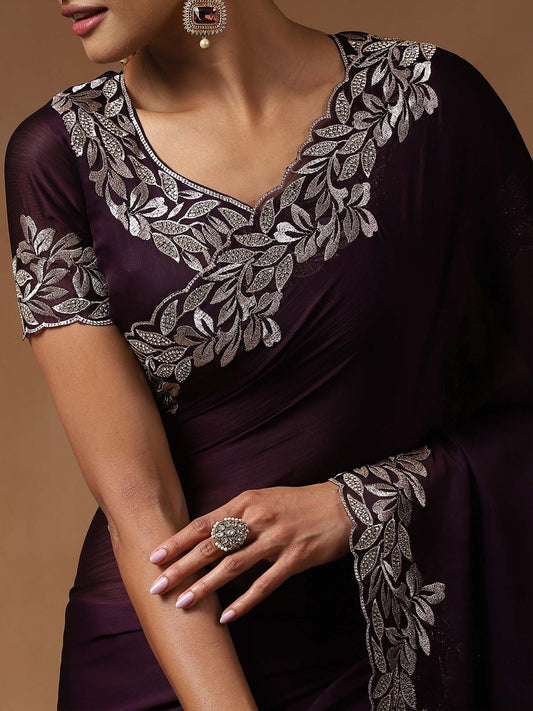 Wine Embellished Beads Border Satin Chiffon Saree