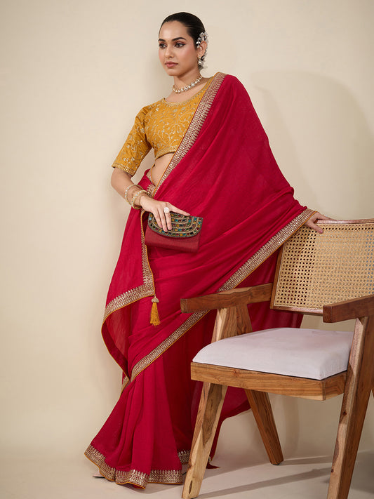 Red Georgette Solid Embroidered Border Saree