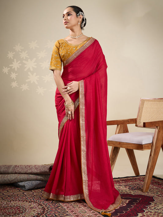 Pinkish Red Solid Sequin Work Embroidered Border Saree