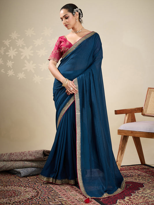 Teal Blue Silk Blend Embroidered Saree