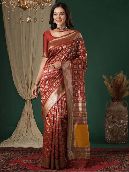 Saree Rust Red Geometric Grid Banarasi Silk
