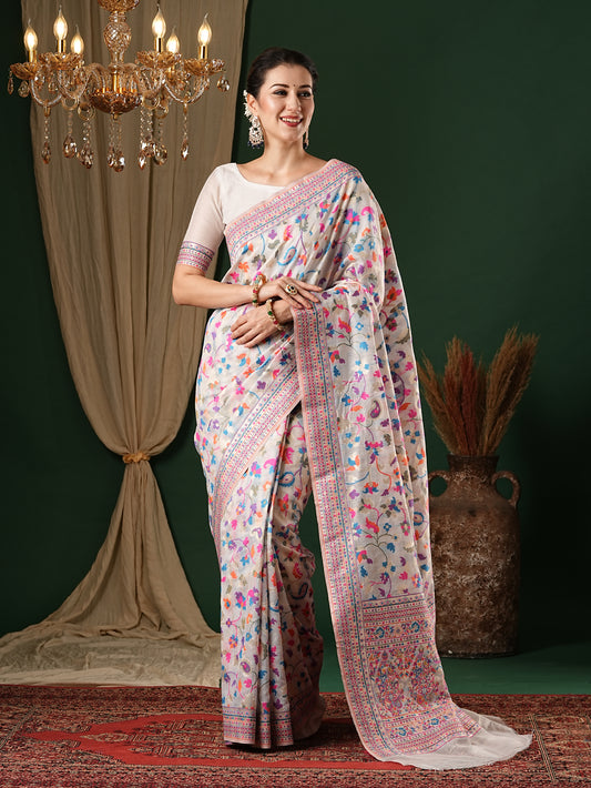 White Floral Kashmiri Silk Saree