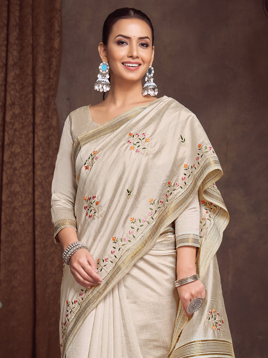 Off-White Linen Blend Saree
