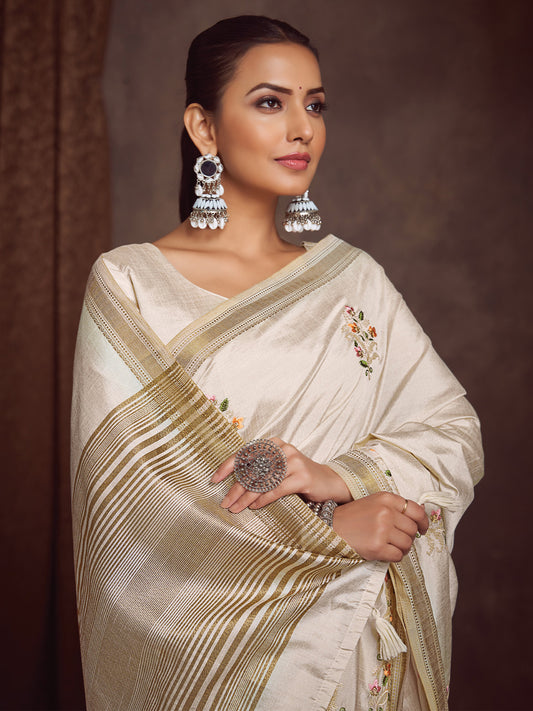 Off-White & Cream Silk Blend Heritage Handloom Aesthetic Saree