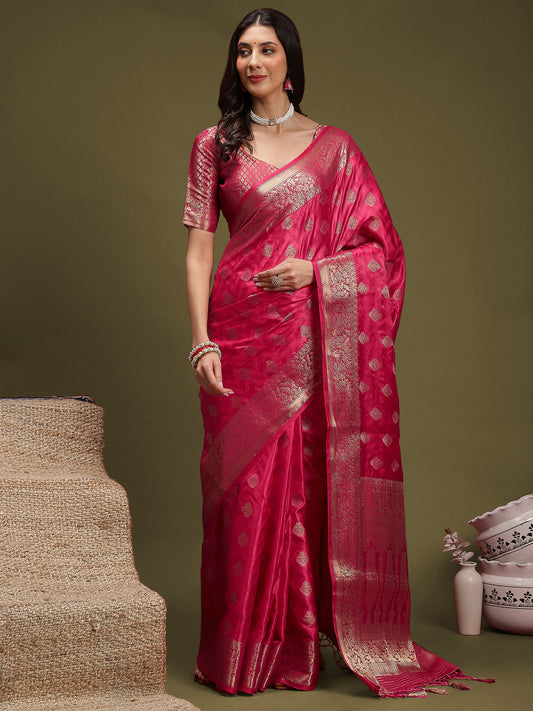 Deep Pink Silk Blend Floral Butti Saree