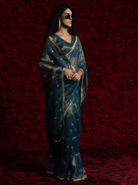 Teal Tissue Silk Saree with Gold Zari Embroidery