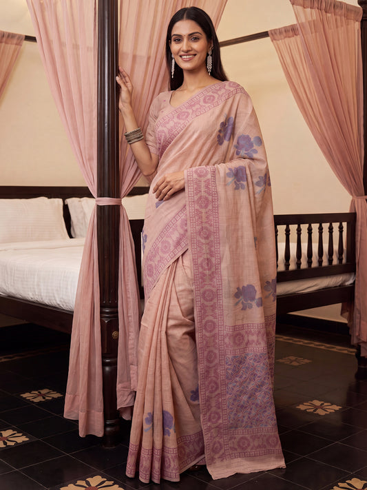 Peach Ethnic Block Print Cotton Saree