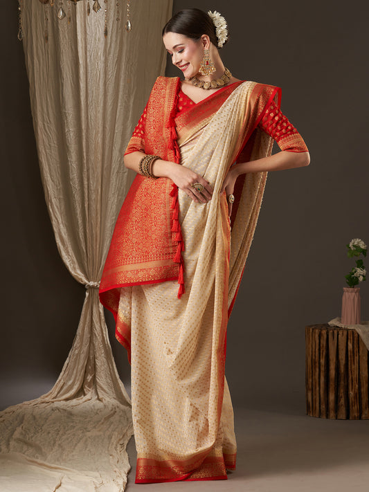 Elegant Off-White & Red Banarasi Silk Saree