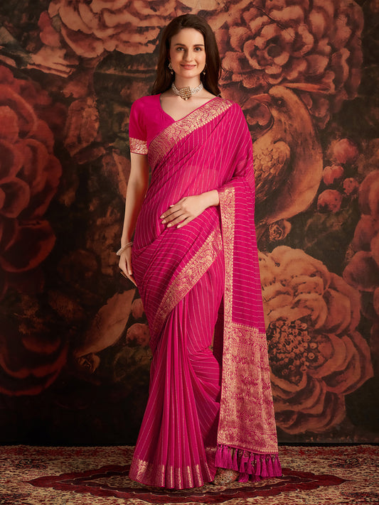 Pink Floral Georgette Saree with Jari Border