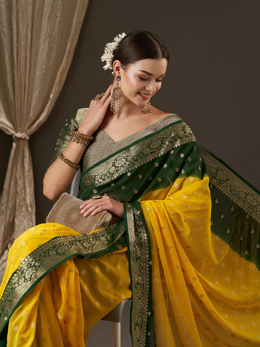 Yellow Green Ombre Floral Georgette Saree