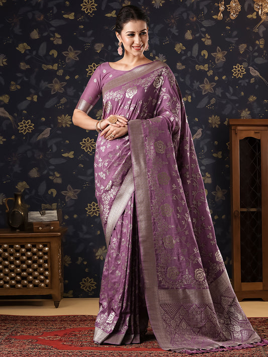 Wine Floral Zari Woven Georgette Saree