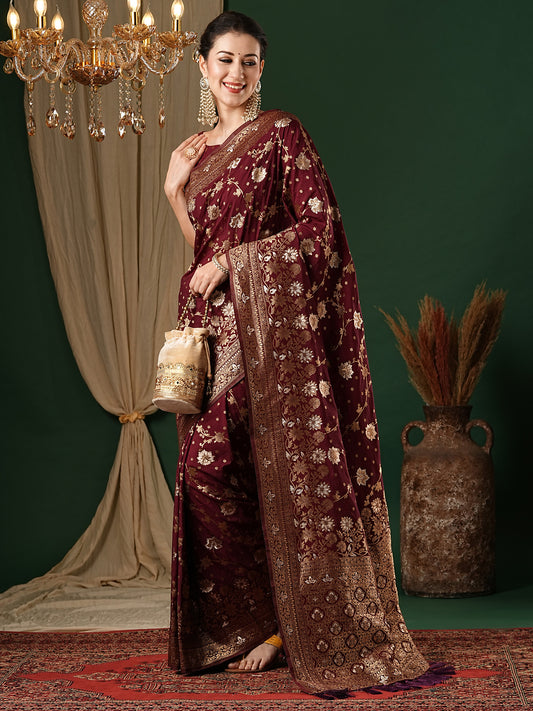 Wine Floral Georgette Saree with Jari Border
