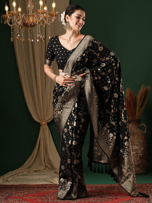 Black Zari Floral Silk Saree with Zari Border