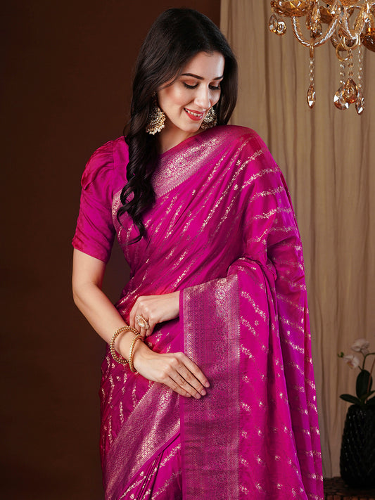 Pink Satin Silk With Zari Weave Saree