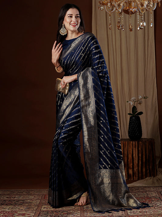 Navy Blue Zari Woven Satin Saree
