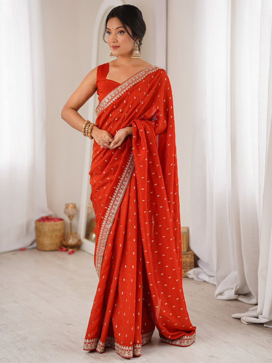 Vibrant Red Georgette Saree with Embroidered Border