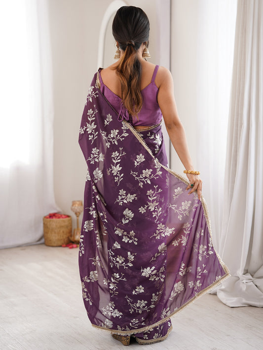 Plum Purple Georgette Saree with Silver Floral Foil Print