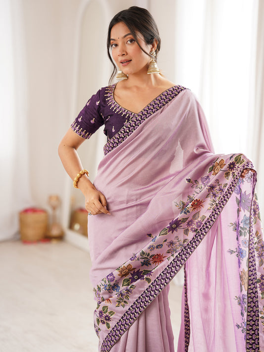 Lavender Georgette Saree with Floral Digital Print