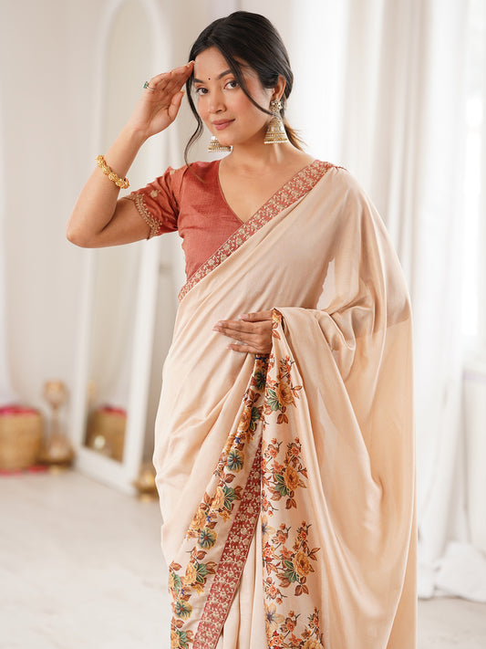 Beige Georgette Saree with Floral Digital Print