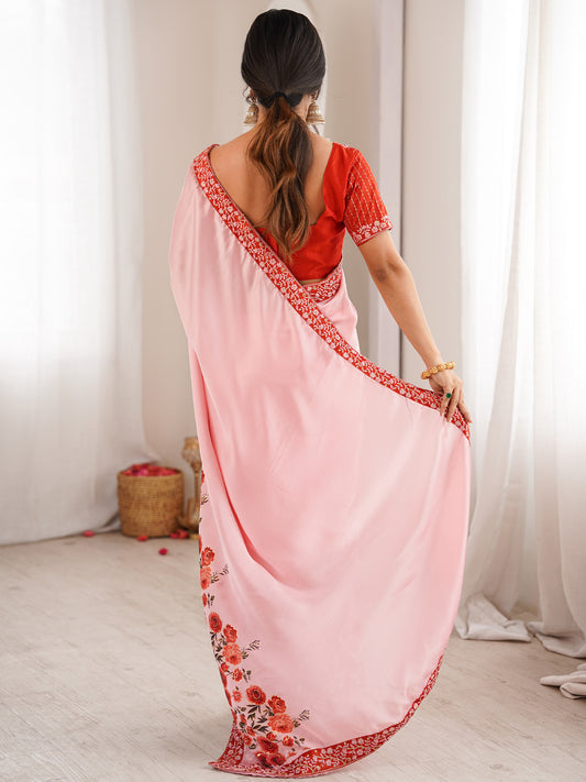 Baby Pink Satin Georgette Saree with Floral Digital Print
