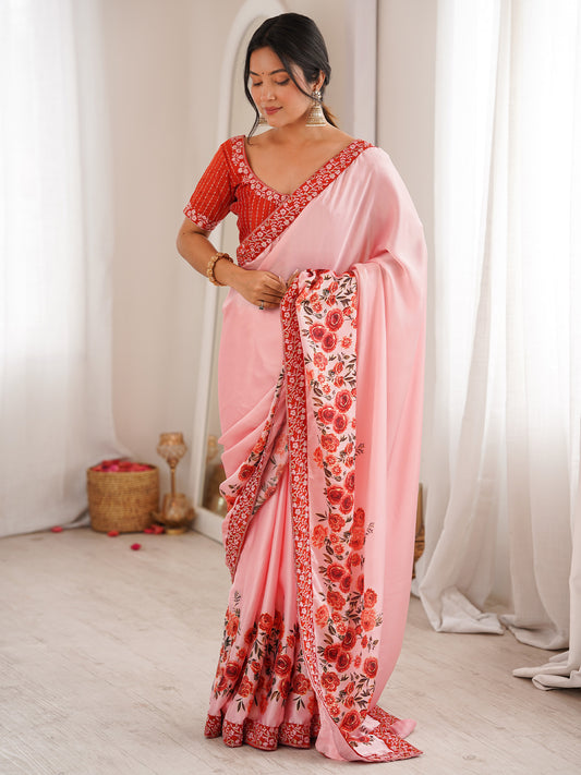 Baby Pink Satin Georgette Saree with Floral Digital Print