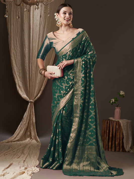 Green Floral Georgette Saree with Jari Border