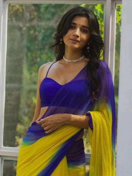 Cobalt Blue & Yellow Ombre Chiffon Saree