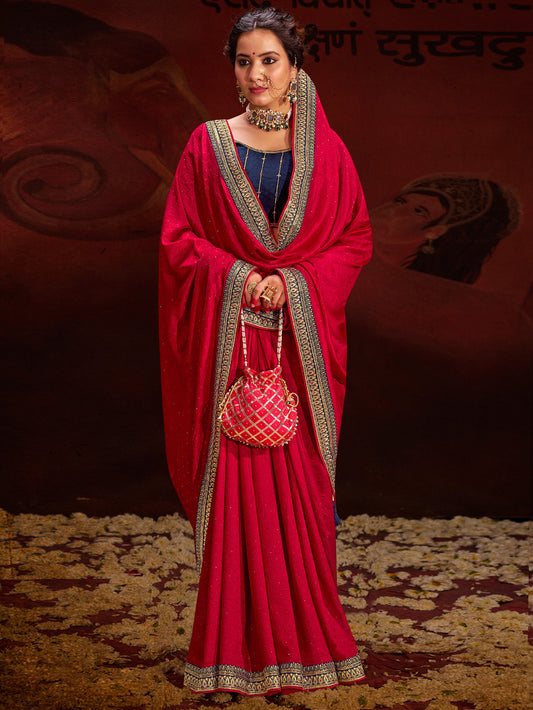 Deep Pink Vichitra Silk Embroidered Zari Border Stone Saree