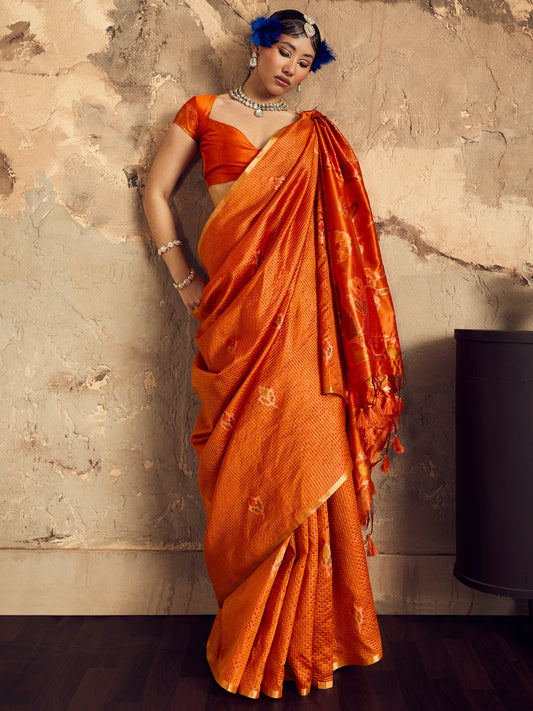 Rust Orange Ikat Patola Silk Blend Saree with Zari Border