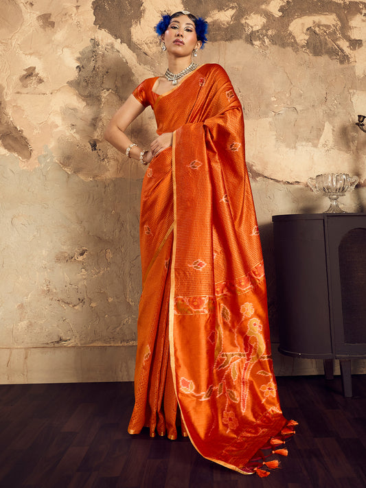 Rust Orange Ikat Patola Silk Blend Saree with Zari Border