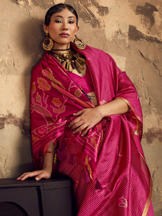 Wine Pink Patola Print Silk Saree with Zari Self-Check Work