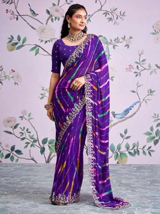 Purple Leheriya Georgette Saree with Embroidered Border