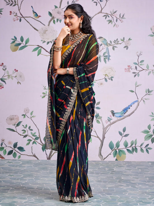 Black Leheriya Georgette Saree with Embroidered Border