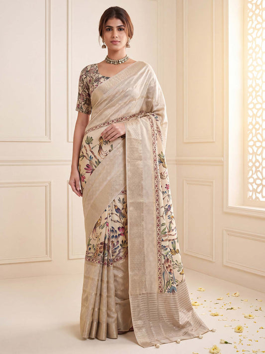 cream colour saree
viscose silk saree
printed design saree