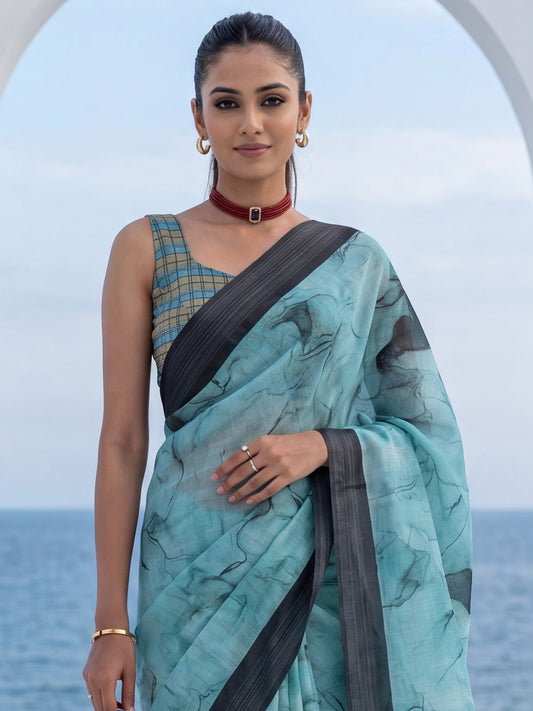 Light Blue Digital Marble Print Linen Silk Saree