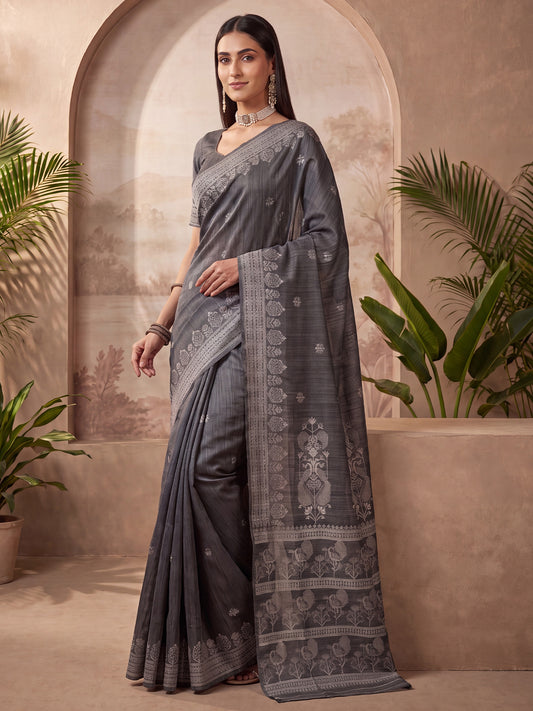 Grey Woven Saree Floral & Traditional Woven Cotton Saree