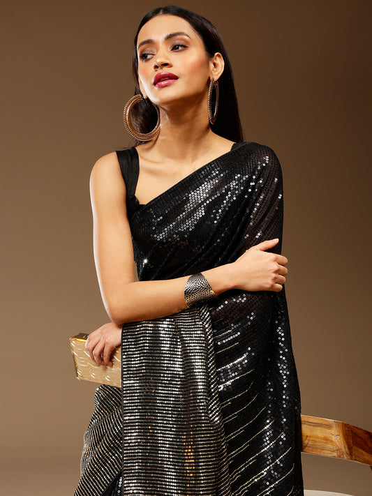 Black & Silver All-Over Sequin Georgette Saree with Diagonal Stripe Pattern