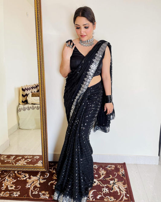 Jet Black Georgette Sequin Saree