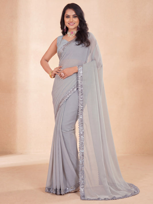 Grey Georgette Silk Blend Silver Sequin Border Saree