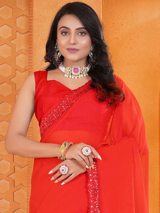 Red Georgette Saree with Sequin & Crystal Embellished Border