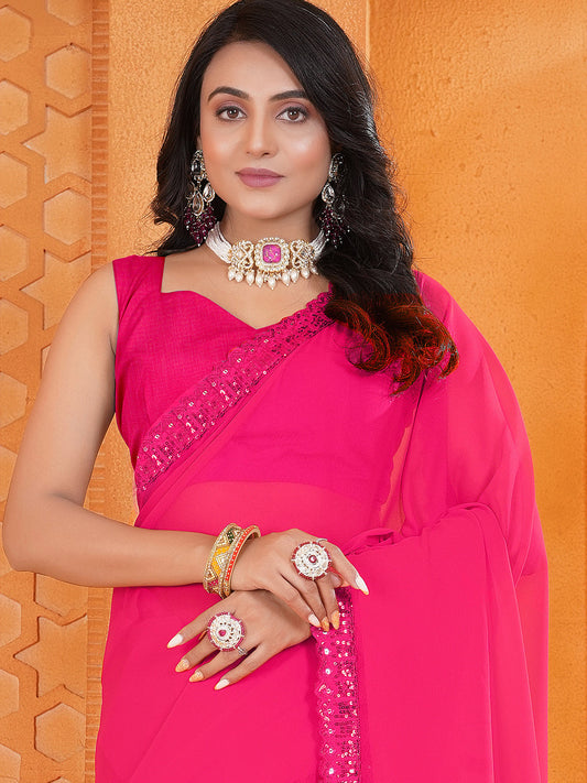 Hot Pink Georgette Saree with Sequin & Crystal Embellished Border