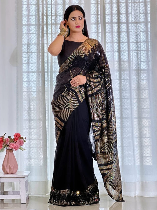 Black Gold Sequin Georgette Saree with Blouse Piece