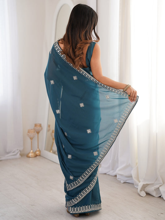 Teal Georgette Mirror Work Saree with Embroidered Blouse