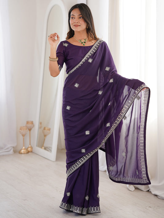 Purple Georgette Embroidered Saree with Mirror Work & Blouse