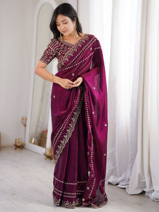Wine Purple Satin Saree with Intricate Zardosi Embroidery