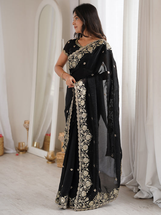 Jet Black Satin Saree with Zardosi Embroidery Border