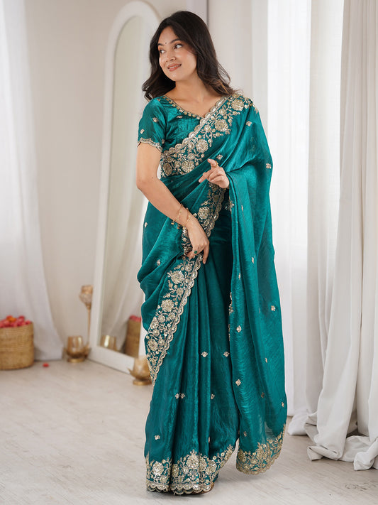 Teal Green Emblished Silk Saree